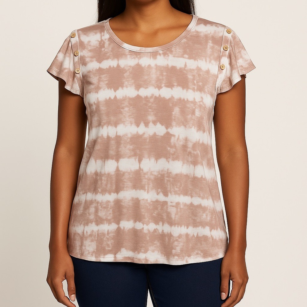 TRUSELF Tie Dye Flutter Sleeve‎ Blouse Top Size XL Boho Button Detail Casual